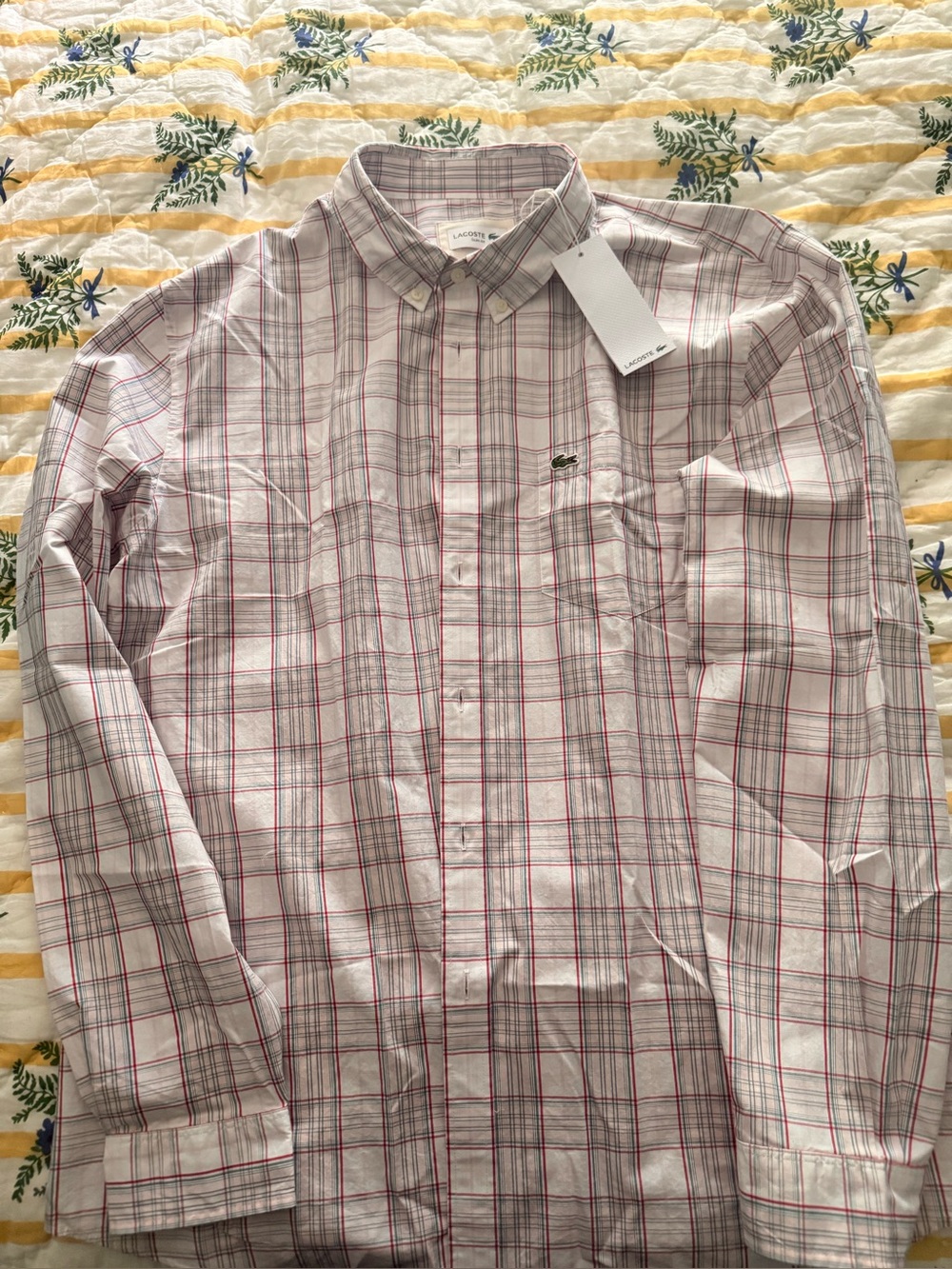 NWT Lacoste Slim Fit Plaid Button Down Shirt White Red Blue Men’s XXL